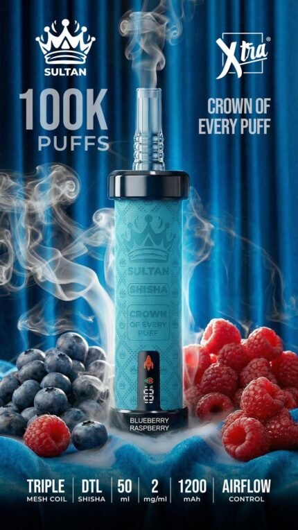 Sultan xtra shisha Dtl 100k puffs 2mg nicotine triple mesh vape in Dubai blueberry raspberry